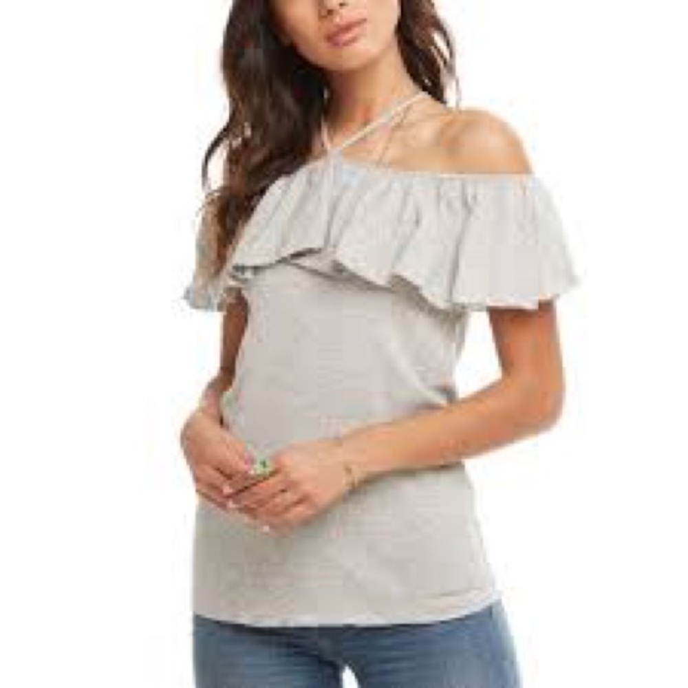 Chaser Ruffle Shoulder Babyrib Cotton Top Grey NWT Popover, Sm